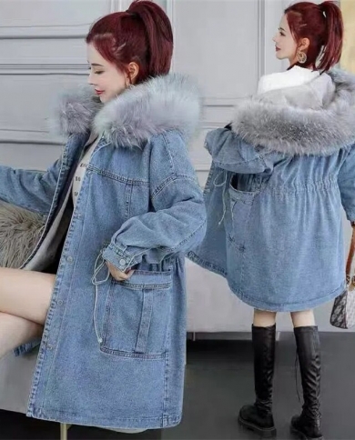 Women Parkas Winter Jacket 2022 New Warm Thick Denim Jacket  Loose Fur Collar Hooded Long Parka Female Jeans Coats Outwe