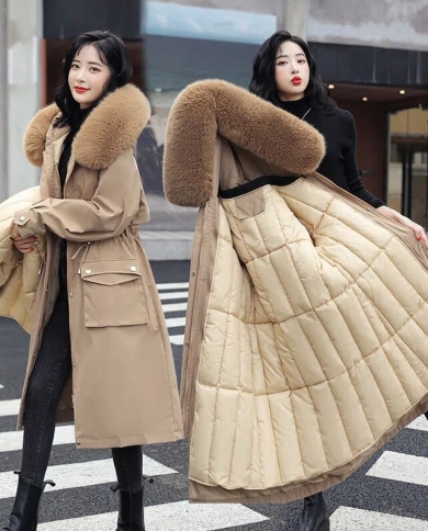 2022 מעיל חורף חדש לנשים מעיל ארוך קזואל בטנת פרווה נשלפת קפוצון כותנה מעיל פארקה חם לעבות