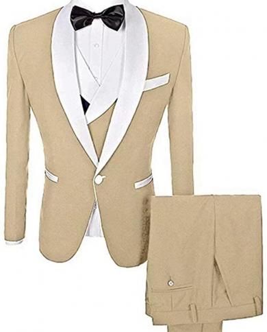 Beige Black Custom Made Mens Suits 3 Pcs Formal Business Blazer Tuxedos Shawl Lapel Wedding Groom Man  Jacketvestpant