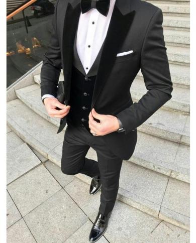 Velevt Peaked Lapel Latest Design Black Groom Tuxedos Men Wedding Suits Man Blazer Jacket Groomsmen Wear Evening Prom 3 