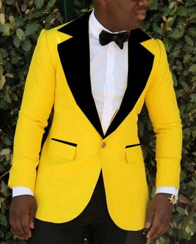 2022 Yellow Jacket Prom Men Wedding Suits Black Peaked Lapel Mens Tuxedo Groom Groomsman Best Man Slim Fit Mens Suits Wi