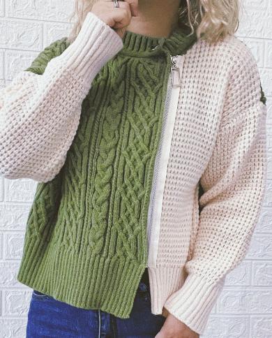 Women Autumn Winter Sweater Cardigan Round Neck Zipper Color Splicing Sweater Jacket Ladies Sweater Outerwear Women Knit