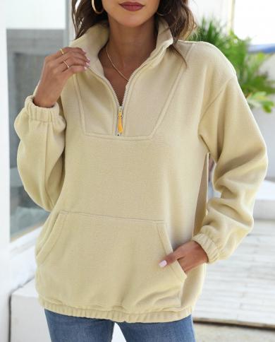 Womens Plush Solid Hoodies Long Sleeve Pullovers 14 Zip Collar Down Jacket Winter Warm Stand Collar Tops Sweatshirts Fo