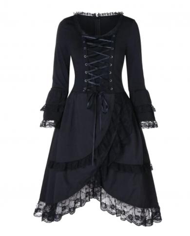 Vintage Lace Up Goth Retro Party Dresses Women Gothic Punk Style Dress Elegant Female Long Flare Sleeve  Black Bandage D