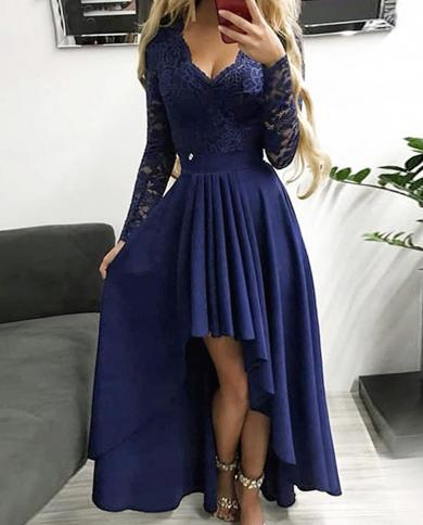 Elegant Irregular Evening Dress Women Solid Lace Long Sleeve  V Neck Drapped Swing Prom Gowns Female Party Maxi Dress Mu