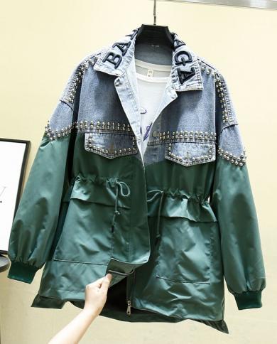 2022 Autumn New Denim Jacket Women Coat Contrast Splice Rivet Jeans Jacket Causal Female Windbreaker Loose Overcoat Outw