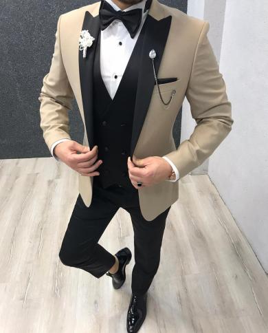 2022 New Arrival Beige Costume Homme Men Suits For Wedding Terno Slim Fit Masculino Tuxedo Groom Wear Prom Business Part