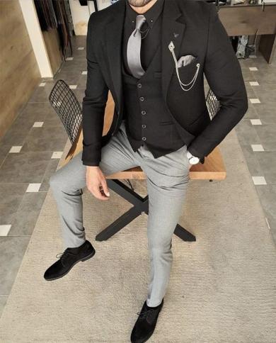 Black Jacket Vest Grey Pant Costume Men Suits 3 Pieces Flat Slim Fit Tuxedos Black Notch Lapel Wedding Terno Masculino B