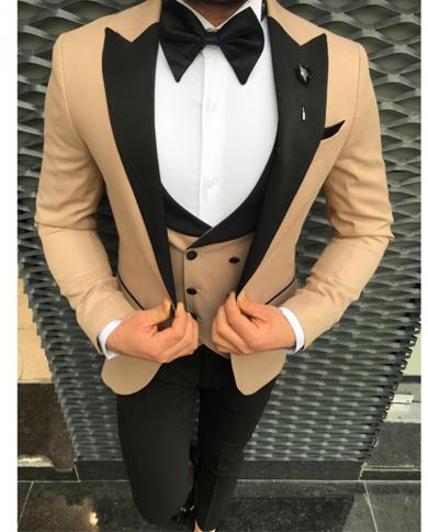 New Fashion Champagne Groom Tuxedos Slim Fit Groom Suits Tailor Made Groomsmen Prom Party 3 Pieces Suits Blazercostume H