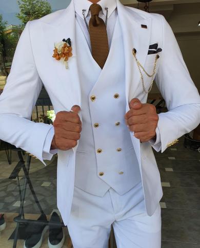 3 Pieces New White Mens Suit 2022 Peak Lapel Slim Fit Casual Tuxedos Groom Tailor Made Terno Masculino blazerpantsve