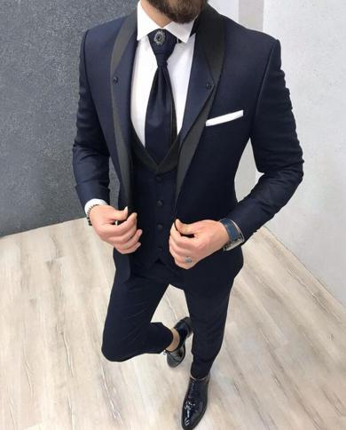 New Fashion Costume Homme Tailor Made Navy Blue Slim Fit Wedding Suit For Men Groom Tuxedos 3 Pieces Best Men Groomsmen 