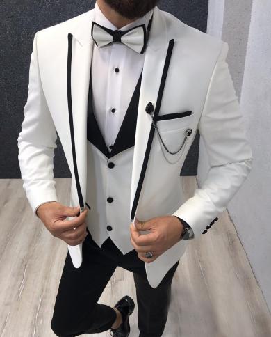 Silver Grey Tuxedos Mens Suits 3 Piece Black Shawl Lapel Casual Tuxedos For Wedding Groomsmen Suits Men 2022 blazerves
