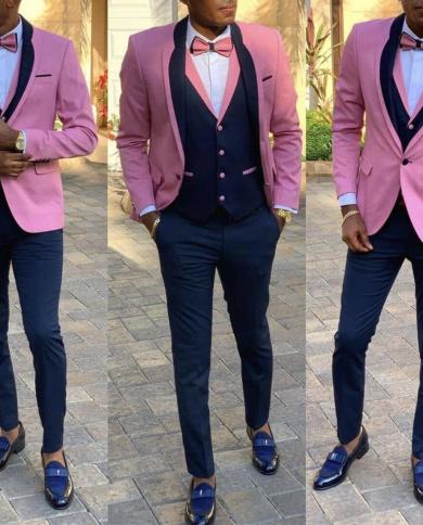 2022 New Handsome Pink Top Men Suits Costume Homme Groom Tuxedos Terno Masculino Wedding Bridegroom Three Piece Suit For