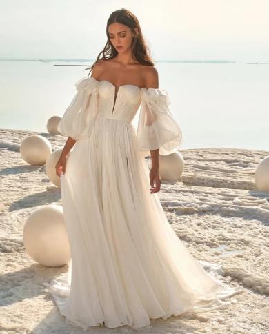 2023 Bohemian Wedding Dresses Womens  Off Shoulder Tulle Pleated Bridal Gowns A Line Princess Prom Robe Formal Beach Pa
