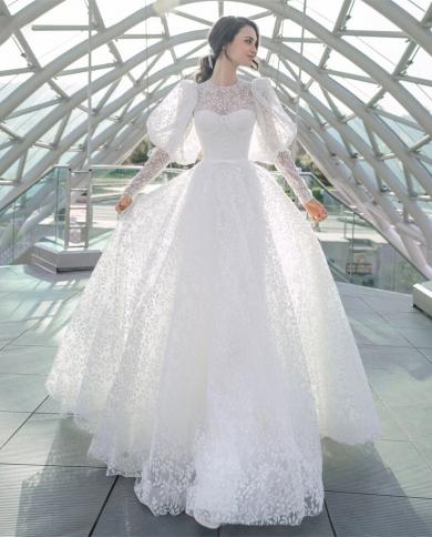 Womens Elegant Solid Color Lace Wedding Dress Vintage Fluffy Sleeves Round Neck Princess Bridal Dress A Line Backless D