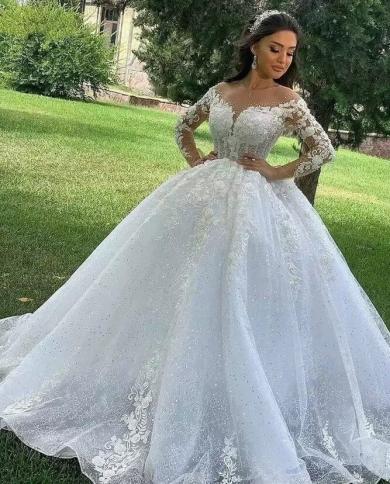 Luxury Fashion Women Lace Decal Muslim Arab Off Shoulder Wedding Dress Beach Wedding Party Bridal Robe Vestido De Novia 
