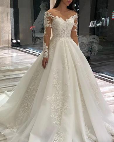 2023 Elegant Lace Ball Gowns Wedding Dress A Series Long Sleeve  Backless Scoop Neck Up Back Applique Robe De Mariée Ve