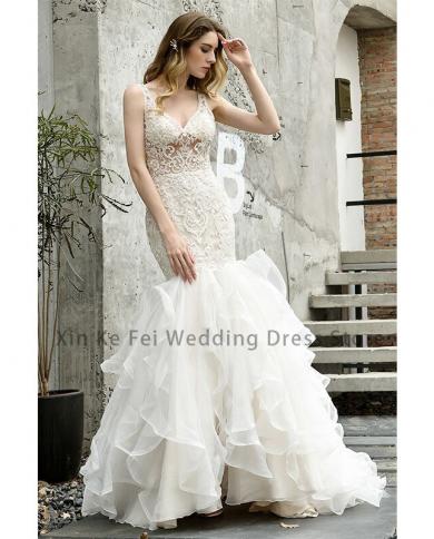 Luxury Womens Elegant Wedding Dresses Lace Decal Sleeveless Sweetheart Mermaid Wrinkled Double Shoulder Bridal Dress Be