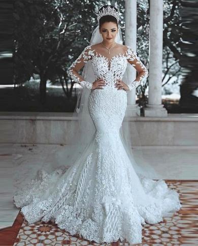Luxury Shiny Lace Wedding Dress Womens  V Neck Mermaid Illusion Long Sleeve Open Neck Applique Bridal Dress 2023 Robe D