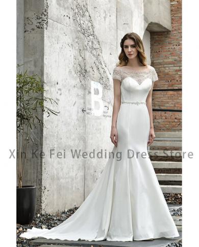 Luxury Womens Elegant Wedding Dresses Round Neck Lace Applique Mermaid Satin Tuxedo Robe 2023 Bridal Gownes Seaside Wed