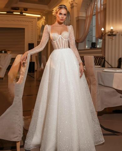 2023 New Sparkling Ladies Sweetheart Aline Princess Wedding Dress Long Sleeve Glitter Tulle Boho Bridal Dress Vestidos D