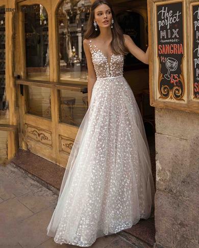 A Line Lace Wedding Dresses 2023 Womens Deep V Neck Beach Wedding Dresses Boho Floor Length Glamorous Plus Size Bridal 