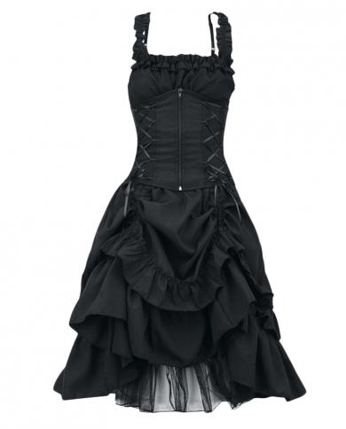 Goth Retro Party Dress Women Victorian Gothic Retro Lolita Dress  Black Lace Up Mesh Sawing Dress Vintage Cosplay Costum