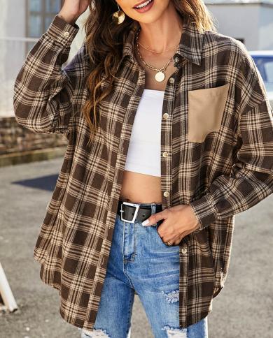 Plaid Shirt Jackets Women Long Sleeve Patchwork Blouse Designer Fashion Style Button Down Loose Casual Shirt Coats Outer