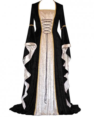 Medieval Retro Court Princress Cosplay Costume Halloween Women Gothic Flare Sleeve Long Dress Elegant Witch Masquerade W