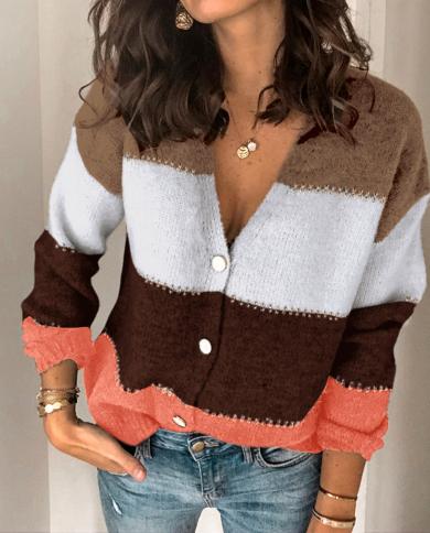 Striped Patchwork Knitted Sweater For Women 2022 New Autumn Winter Casual Long Sleeve Sweater Tops Female V Neck Button 