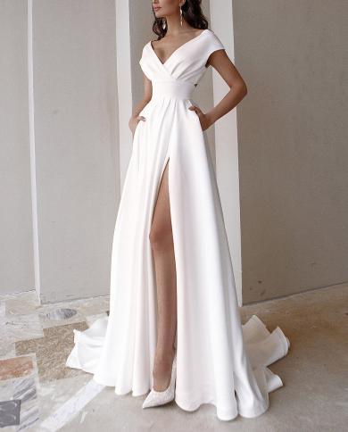 Lady Vneck Wedding Dress Women Simple Solid White Wedding Evening Dress Elegant Floor Dress Bridal Gowns With Pockets Ro