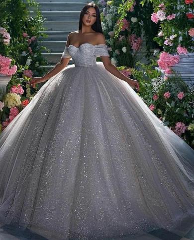 Luxury Princess Wedding Dress Ladies Glitter Tulle Sweetheart Bridal Dress Robe De Mariee Off Shoulder Arab Dubai فست