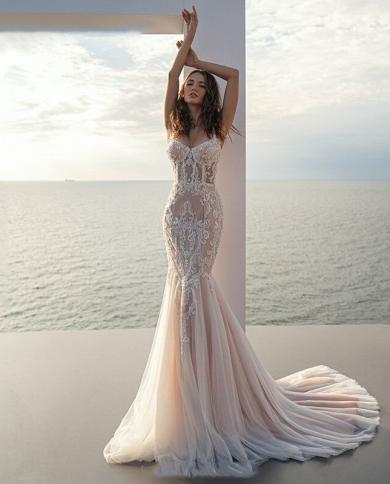 Champagne Mermaid Wedding Dress 2023 Womens Elegant Strap Applique Lace Bridal Dress Bohemian Sweetheart Robe De Marié