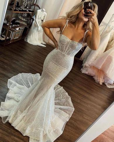  Glitter Skinny Mermaid Wedding Dresses Spaghetti Shoulder Ladies Backless Bridal Gowns Prom Party 2023 Robe De Mariée 