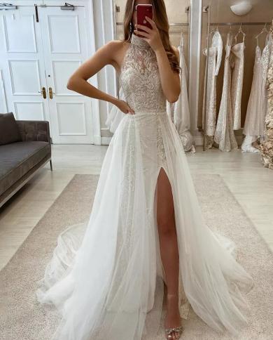 2023 Tulle Womens Bridal Dresses High Collar Bohemian Style Wedding Gowns Princess Ball Formal Party Side Split Vestido