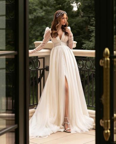 Bohemian Wedding Dresses A Series Womens  Deep V Neck Long Sleeve Tulle Bridal Gowns Side Split Backless Princess Vesti