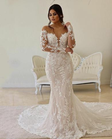 Boho Lace Wedding Dress Mermaid Illusion Corset Vestido De Noiva Long Sleeve Sheer Off Shoulder Appliqué Bridal Dress 2