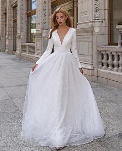 Luxury Womens  Deep V Neck Long Sleeve Bridal Gowns A Line Thin Satin Pleated Wedding Dresses Princess Prom Robe De Mar