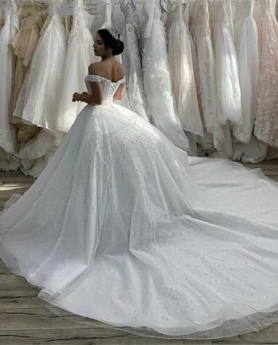 Luxury Off Shoulder Wedding Dress Beaded V Neck Off Shoulder Lace Up Shiny Robe De Mariée Elegant Womens Bridal Dress 