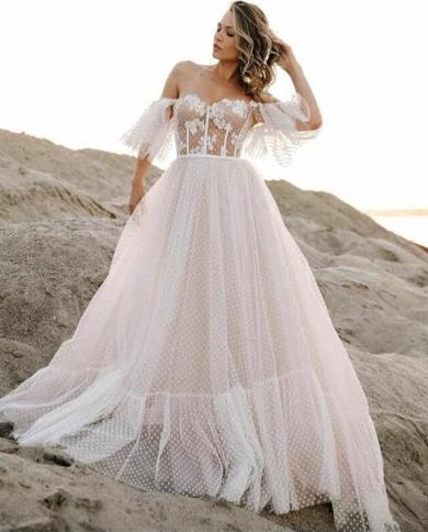  Off Shoulder Beach Boho Wedding Dress Sweetheart Dots Tulle Bridal Wedding Party Dress Bridal Princess Robe De Mariee C