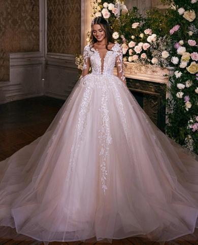 Gorgeous Wedding Dresses Ball Gowns Princess Long Sleeve Saudi Arabia  V Neck Bride Elegant Womens Robe Mariee Custom M