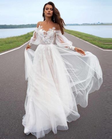 בוהו נשים אלגנטית קו שמלת חוף שרוולים פנסים לחתונה סוחפים רכבת שמלת כלה בהתאמה אישית נסיכה טול פלוס סי
