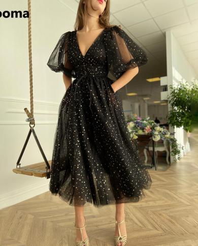 Booma Black Starry Tulle Prom Dresses Sparkly Vneck Half Puff Sleeves Wedding Party Dresses Buttoned Top Tealength Prom 