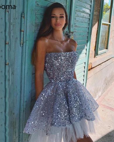 Sparkly Grey Short Prom Dresses Strapless Sequin Lace Mini Homecoming Dresses Sleeveless Above Knee Aline Party Dresses 