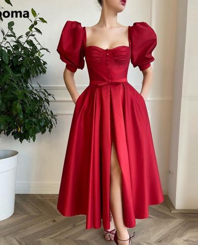 Booma Elegant Red Short Prom Dresses Puff Sleeves Front Slit Buttoned Prom Gowns With Pockets Tealength Wedding Party Dr