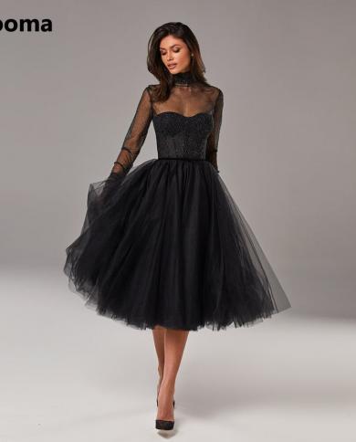 Booma Elegant Black Glitter Tulle Midi Prom Dresses High Neck Sheer Long Sleeves Buttoned Tealength Aline Prom Party Dre