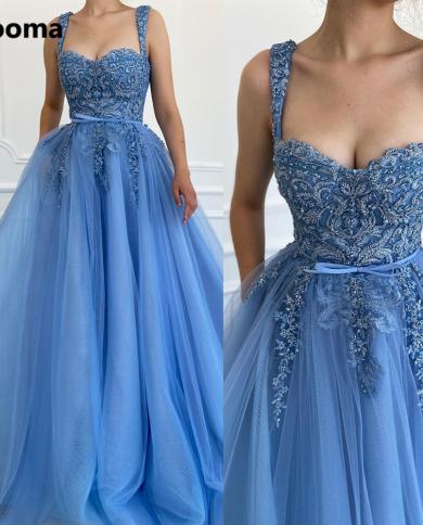 Booma Spaghetti Straps Blue Tulle Prom Dresses Sweetheart Lace Appliqued Aline Prom Gowns Pockets Long Wedding Party Dre
