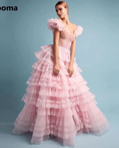 Booma Pink Ruffles A Line Prom Dresses Off The Shoulder Tiered Tulle Maxi Evening Dresses Frill Layered Long Prom Party 
