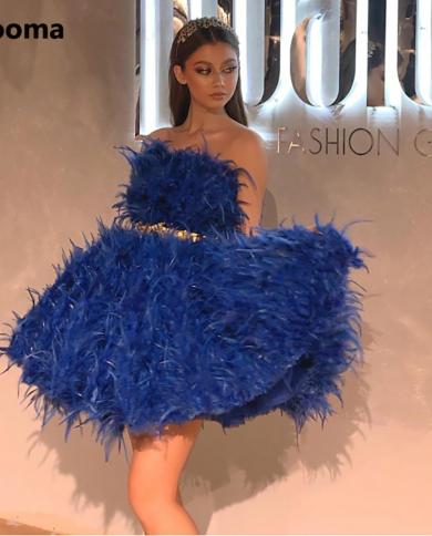 Booma Luxury Blue Feathers Mini Prom Dresses Strapless Above Knee Aline Formal Evening Gowns  Short Graduation Dresses  