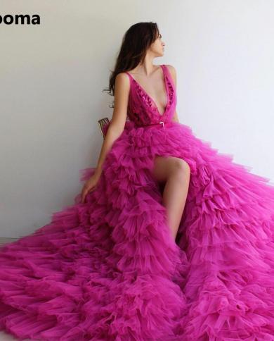 Booma  Fuchsia Tiered Tulle Ruffles Prom Dresses 2022 Plunging V Neck High Slit A Line Evening Gowns Formal Party Dresse